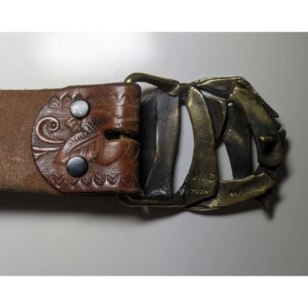 Tooled Leather Belt LMC‎ Vintage Bronze Tone Buckle Brown Floral 38 Inch Unisex
